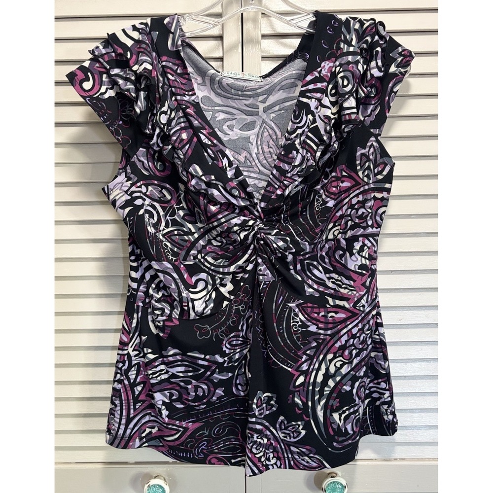 Vintage Suzie Paisley Purple/Blk Cap Sleeve Blouse Size M V Neck Twist